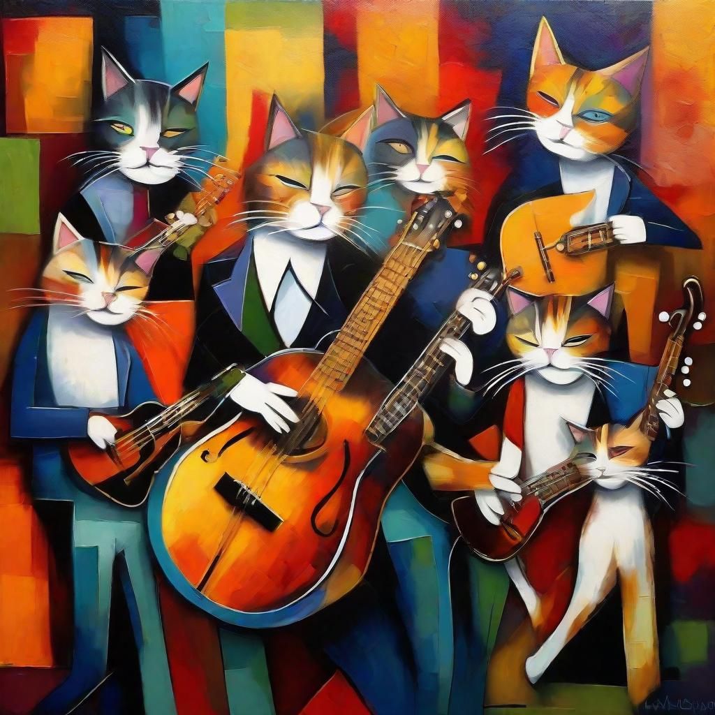 Jazz Cats Playing Guitar in a Busy Club