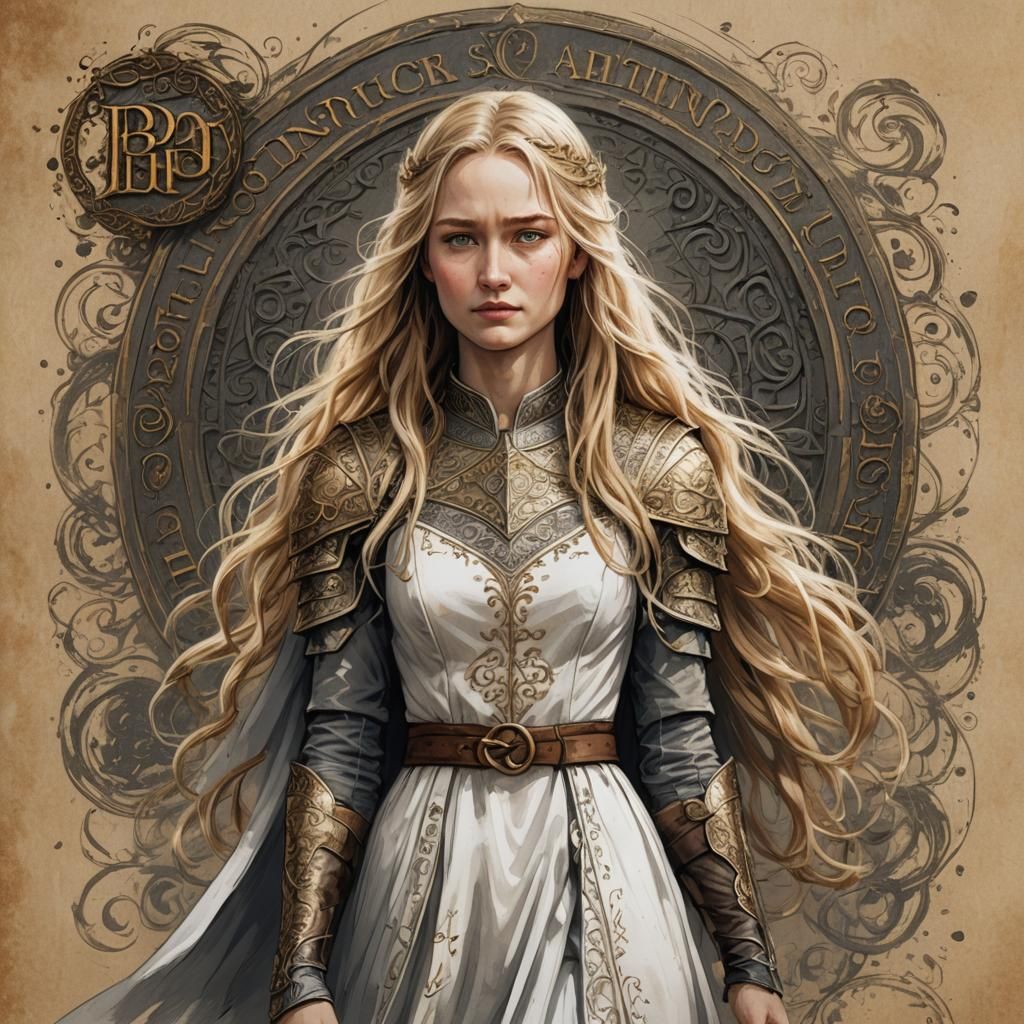 Eowyn Ink Sketch with Golden Hair and Sign