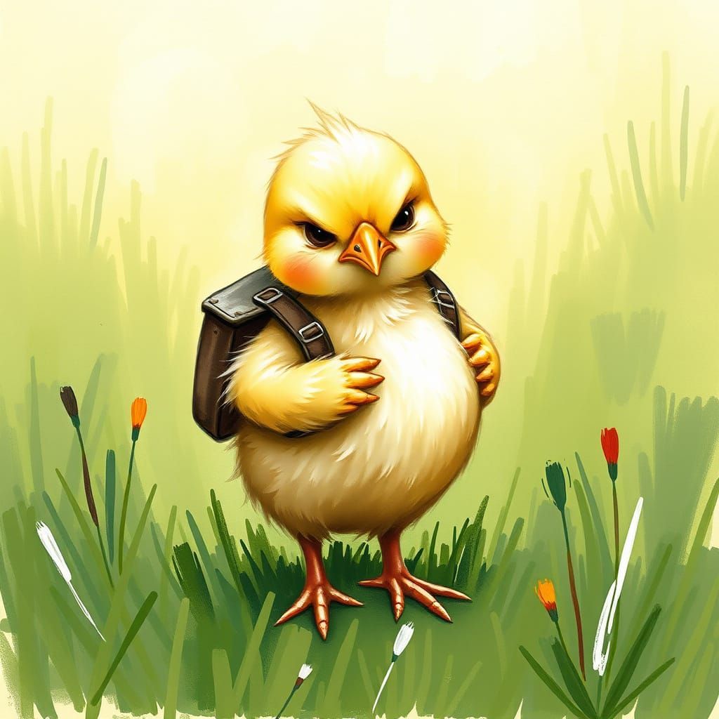 Grumpy Chick in Meadow, Beatrix Potter Style