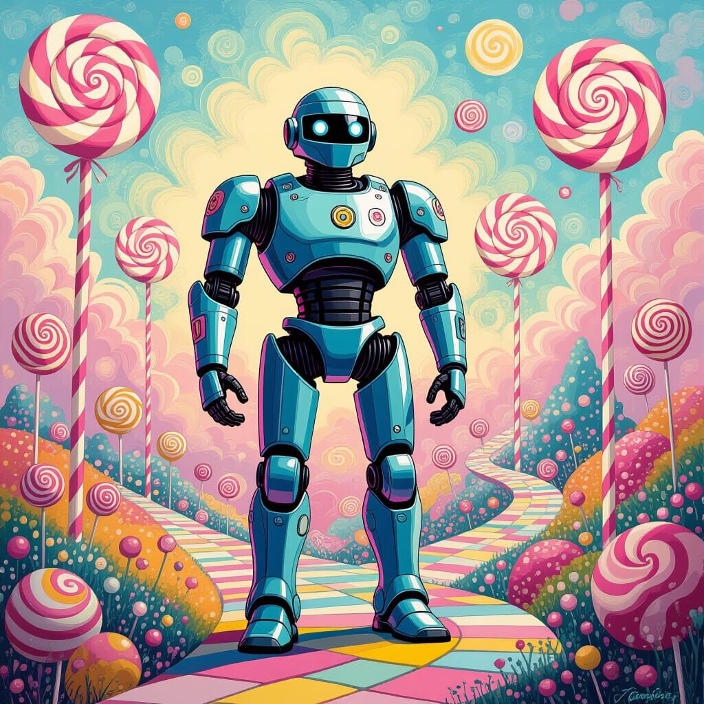 Robot Cop in Candyland, Gouache Style