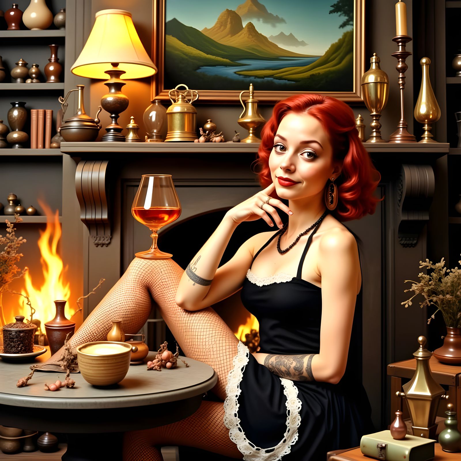 Cozy 80s-Inspired Woman by the Fireplace