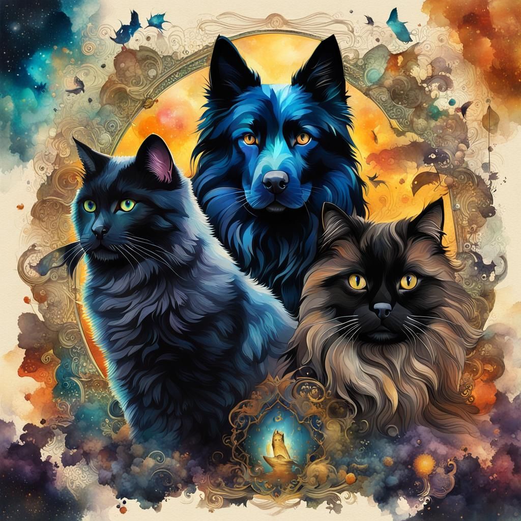 Fantasy Portrait of Tervuren Dog and Black Cat