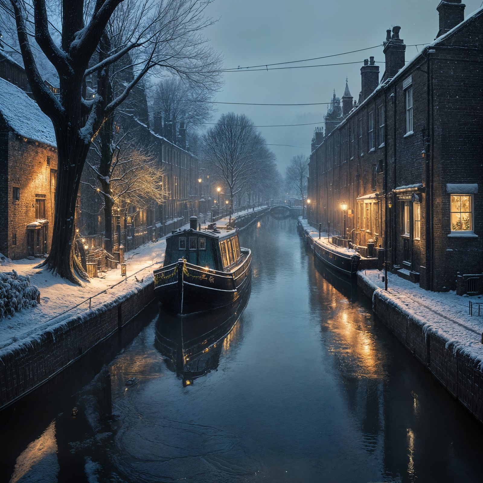 Snowy Christmas Eve Night on UK Canals: Hyperrealistic HDR S...
