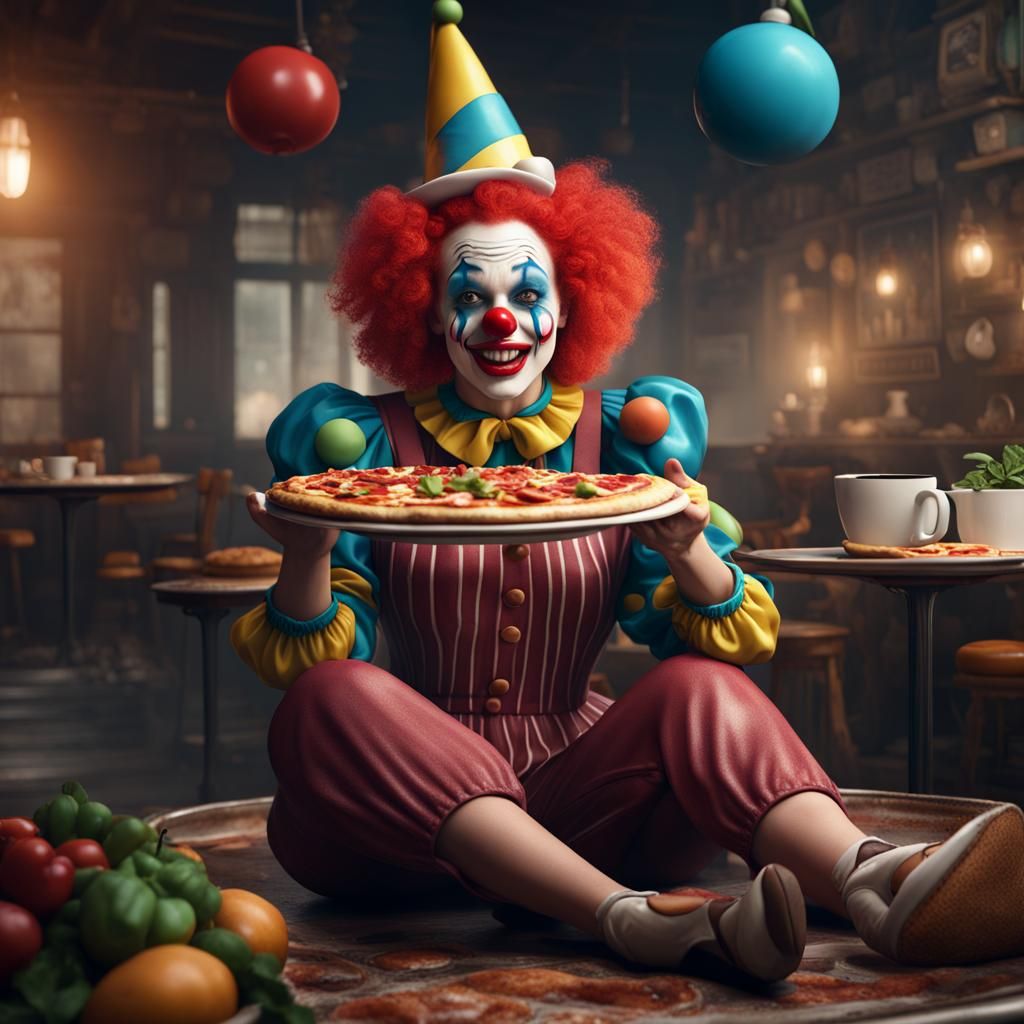 Cyborg Clown Woman on Pizza Coffee