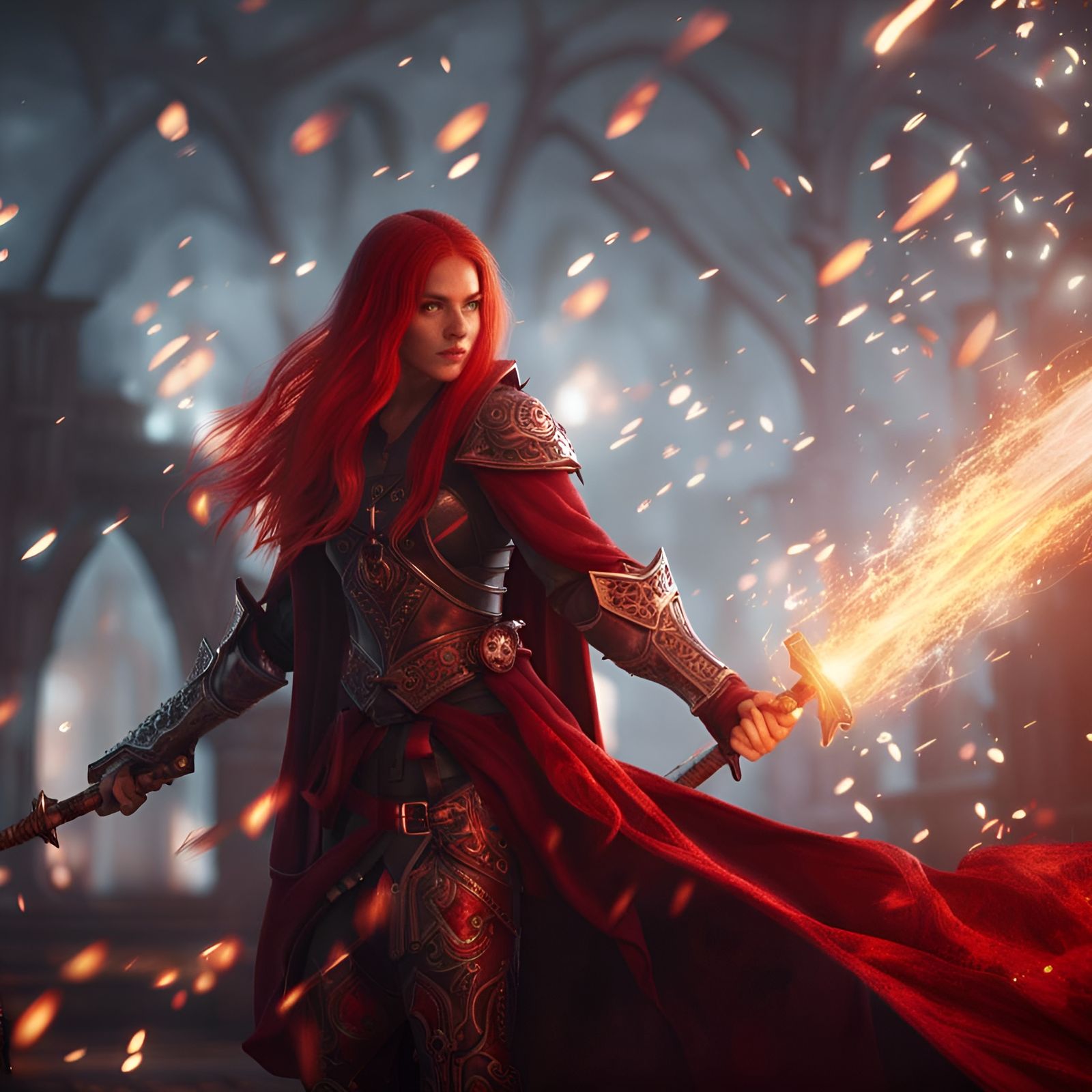 Armored Girl with Fire Swords in Dark Fantasy Style