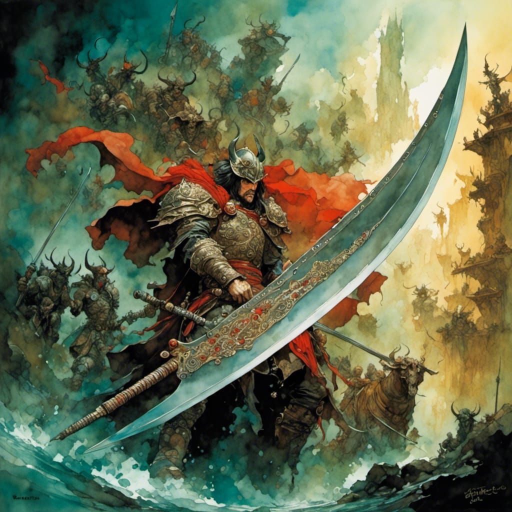 Blood Red Falchion in Watercolor Style