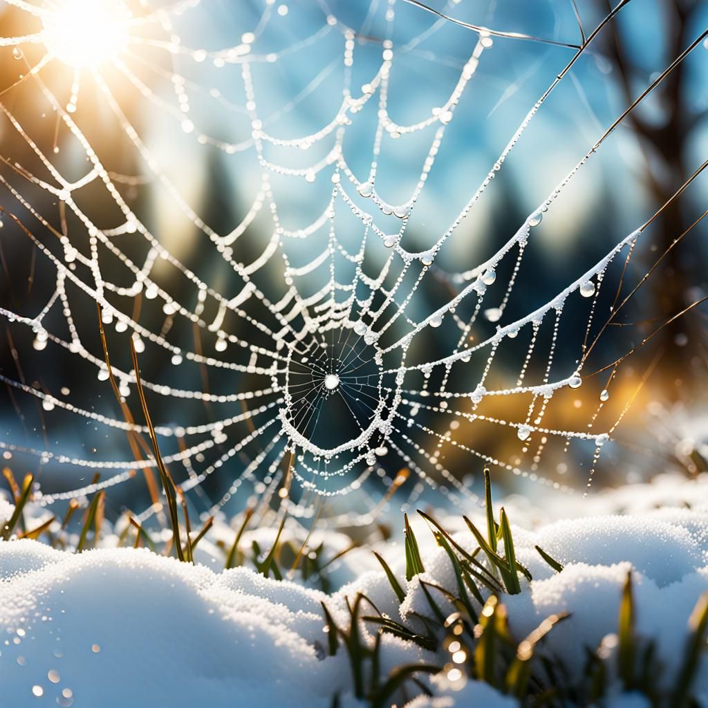 Snowy Meadow Reflected in Dewdrop: Hyperrealistic Splash Art