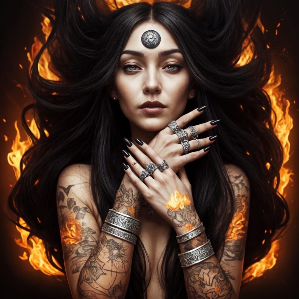 Modern Fire Elemental Witch with Tattoos and Jewelry
