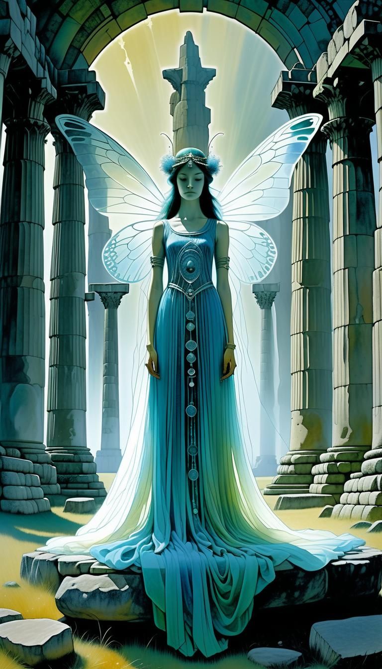 Fairy Queen Meditating at Stonehenge in Ink