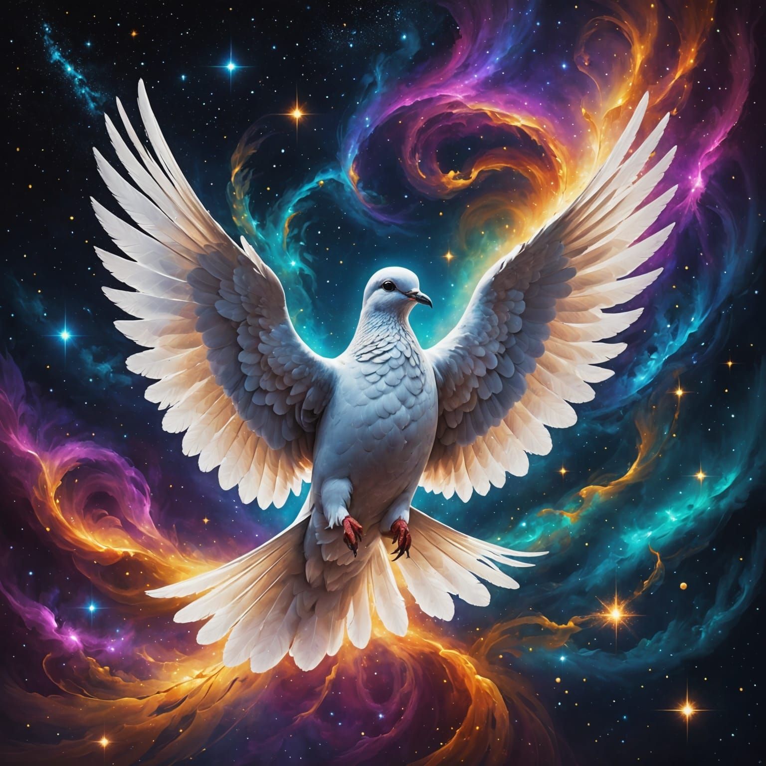 Mystical Dove Soars Through Celestial Realms
