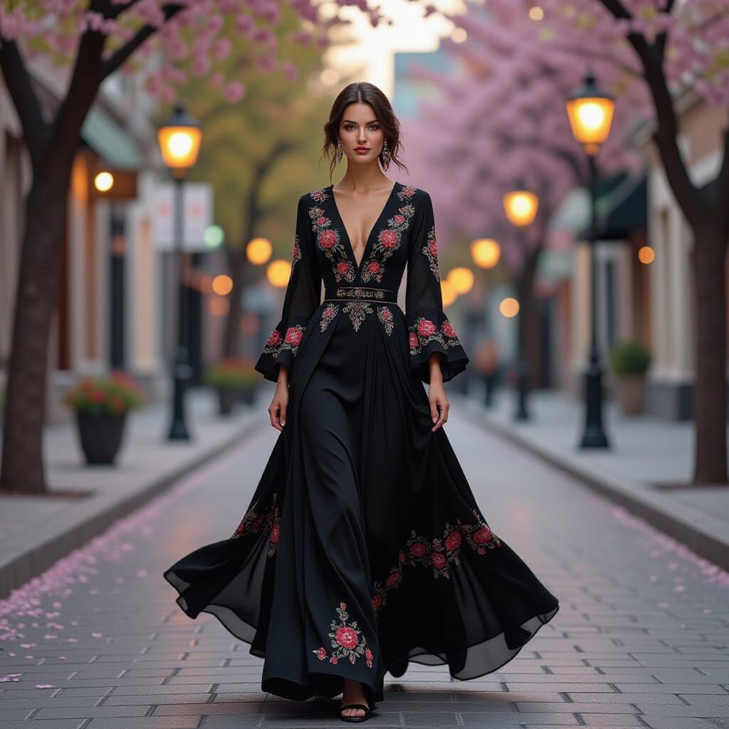 Elegant Woman in Nature Dress on City Street at Dusk