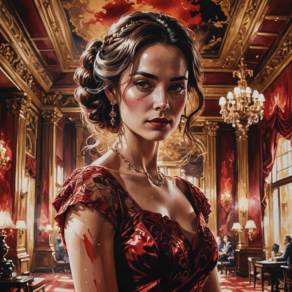 Woman in Red Dress: Hyperrealistic Ink Painting