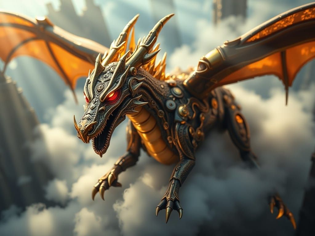 Clockwork Dragon Soaring Through Steampunk Sky