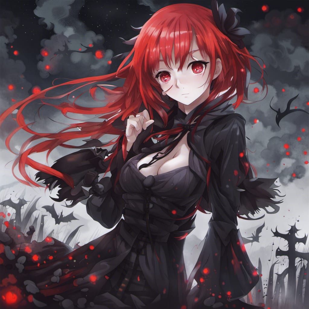 Red-Haired Goth Girl Under Blood Moon: Anime Style