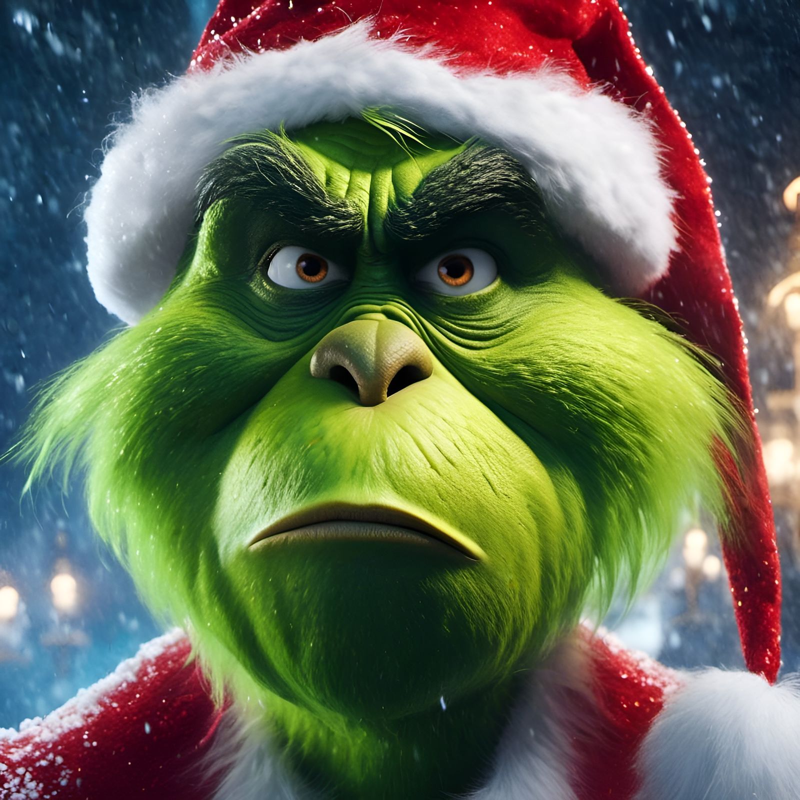 The Grinch in Santa Outfit: Photorealistic Close-Up