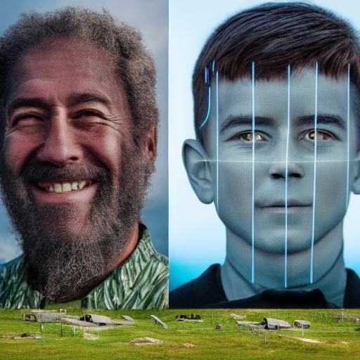 Split portrait of current humans in today's society versus f...