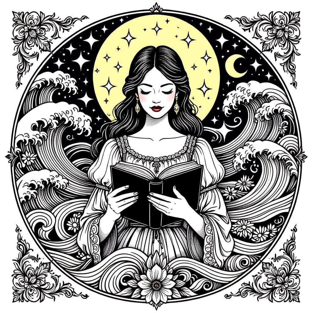 Zentangle Woman Reading Book in Elegant Attire