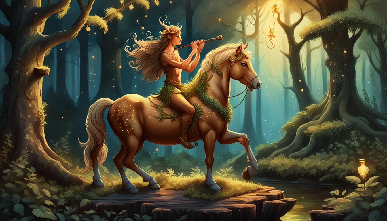 Centaur Flute Player in Lush Forest, Whimsical Illustration