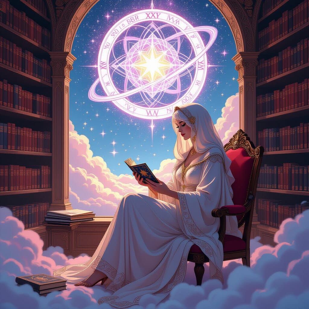 Celestial Tarot Reader in Cloud Library: Art Nouveau Style