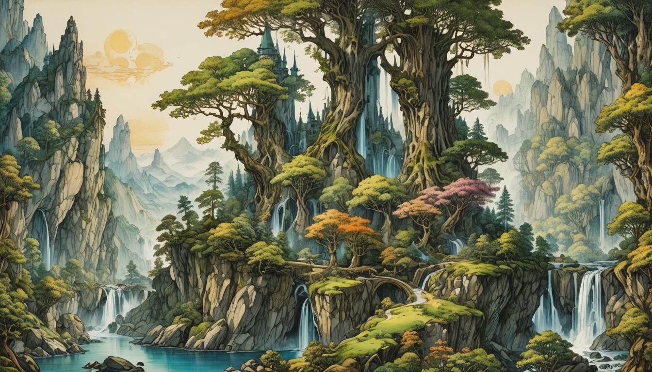 Mythical Realm in Colored Line Drawing Style