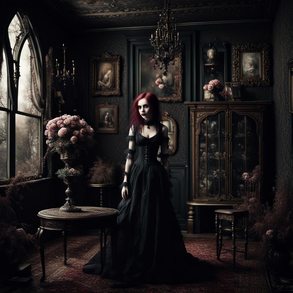Macabre Gothic Dollhouse: Dreamlike Digital Painting
