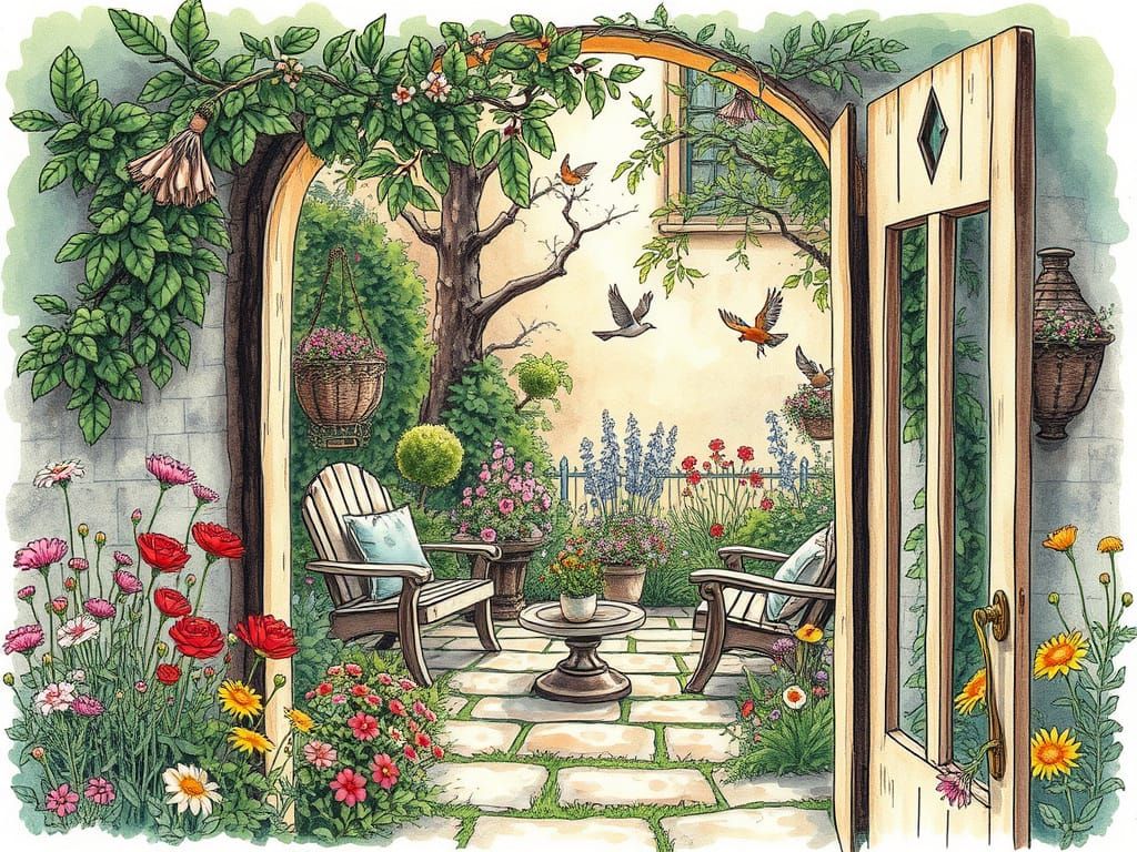 Whimsical Garden Scene in Soft Watercolor