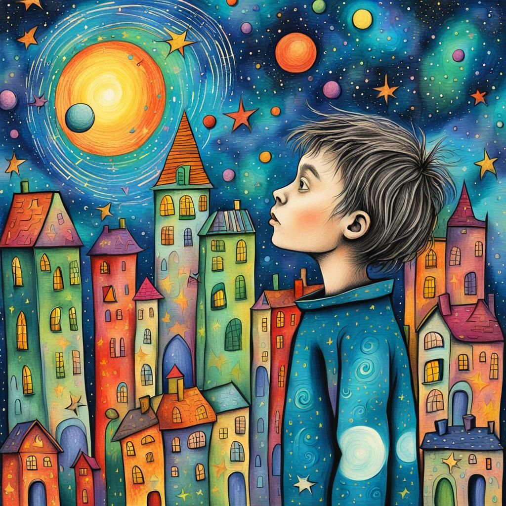 Child's Surreal Crayon Drawing of a Cosmic City
