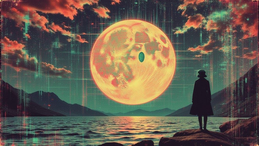 Glitched Moon Dreamscape in Botanical Illustration Style