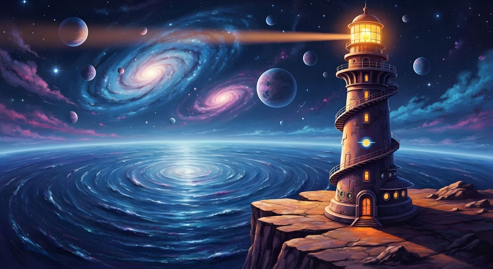 Retro-Futuristic Lighthouse at Night, Cosmic Sea
