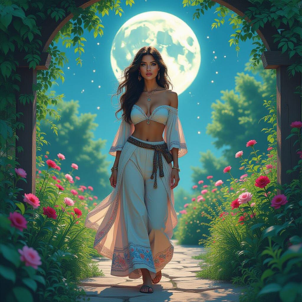 Dreamlike Woman in Moonlit Garden as Digital Painting