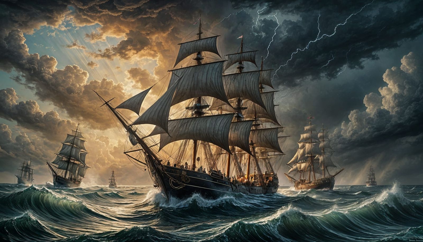 Several large, historical sailing ships