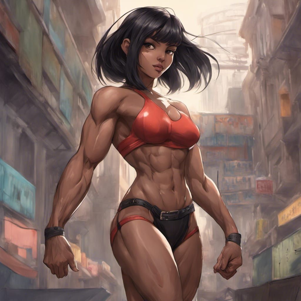 Anime Girl Flexing Muscular Biceps in Detailed Digital Art