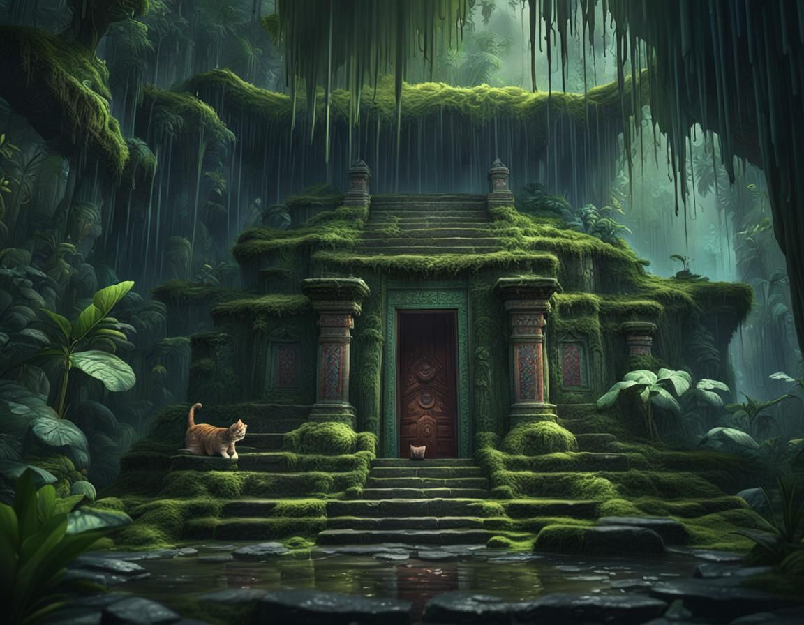 Lazy Cat at Jungle Temple in Detailed Matte Painting