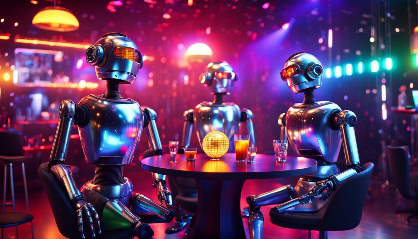 Robots' Night Out: Disco, Drinks, Hyperrealism