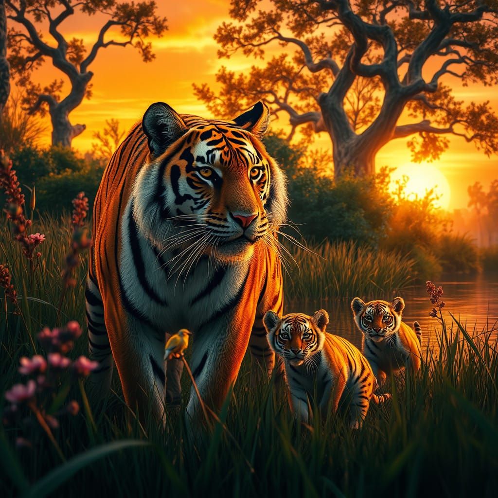 Golden Tiger Mother in Sunset River Landscape