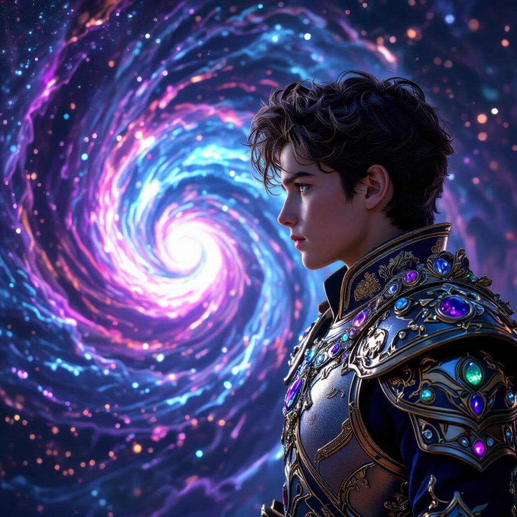 Prince Gazes at Cosmic Vortex in 3D Rendered Style