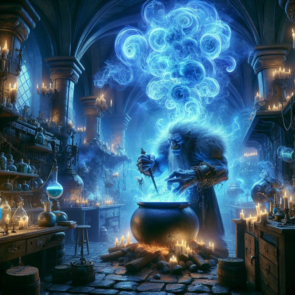 Ogre Alchemist Brewing Blue Dragon Potion