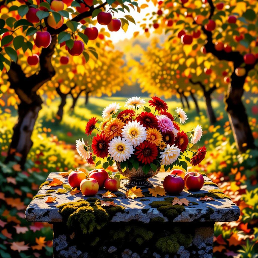 Autumn Flowers and Fruits Oil Painting in Impressionistic St...