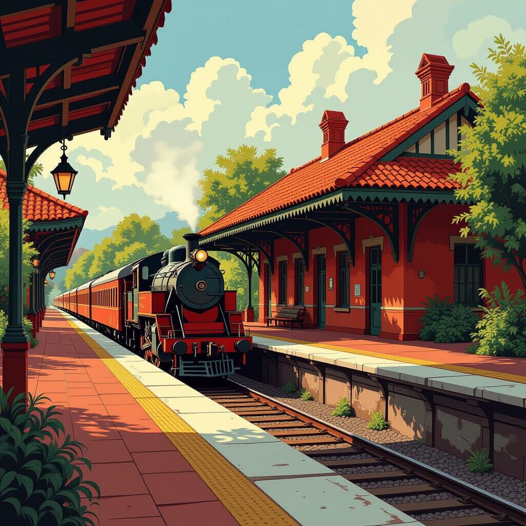 Vintage Train Station in Digital Art Style