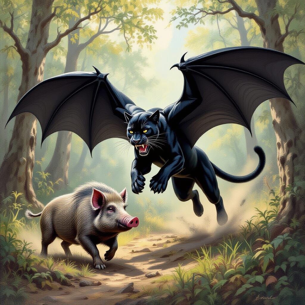 Winged Panther Pouncing on Hog: Fantasy Oil Painting