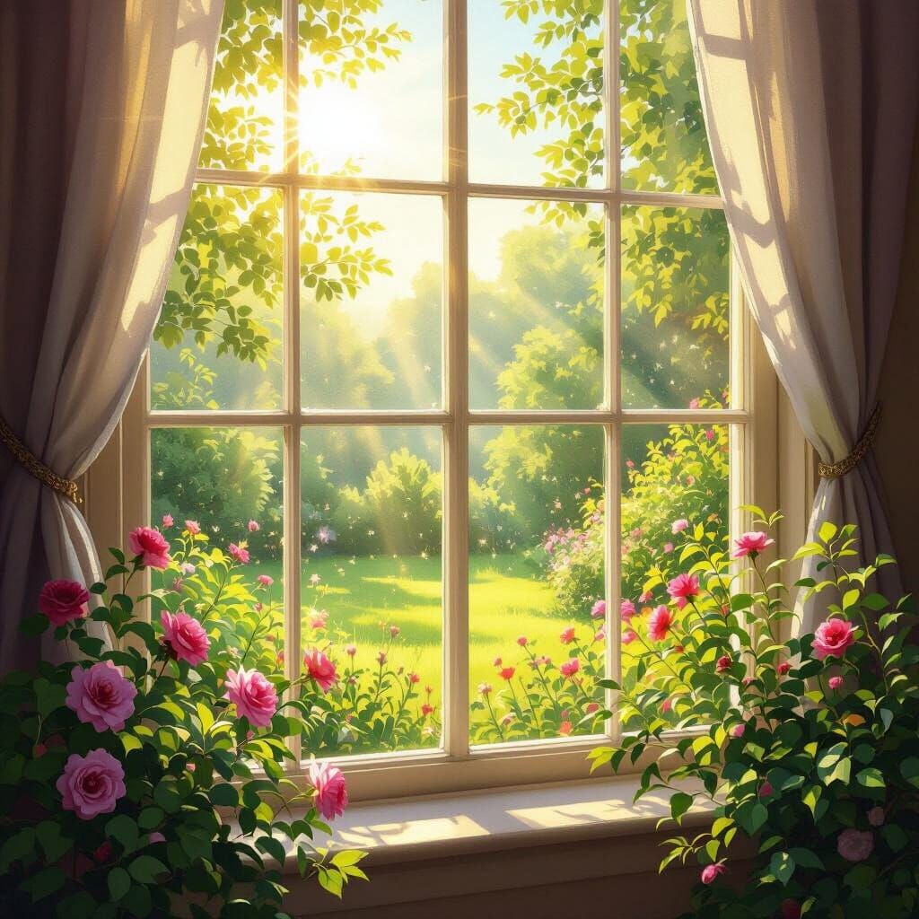 Sunny Summer Garden View Through Window