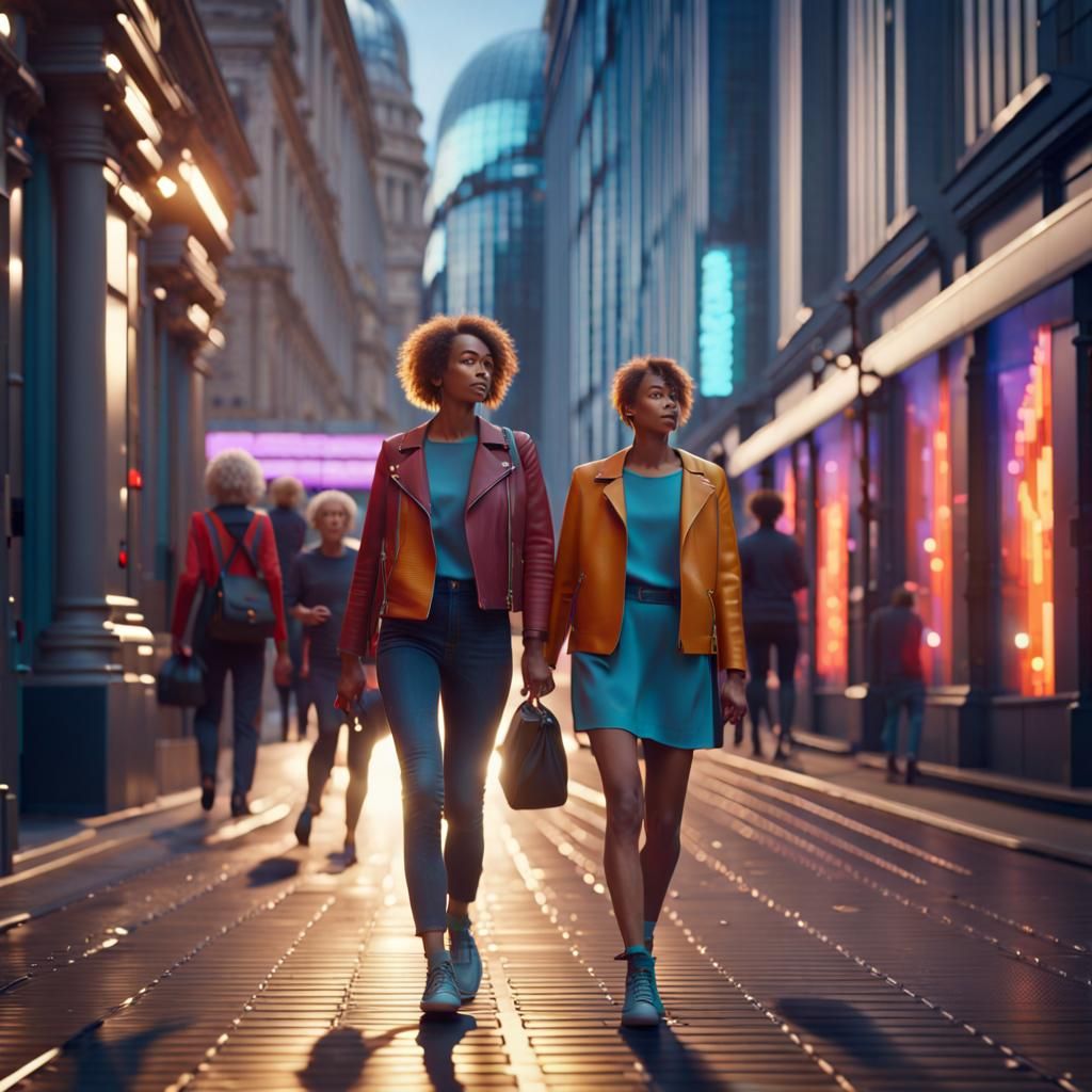 Futuristic London Street Scene with Two Women
