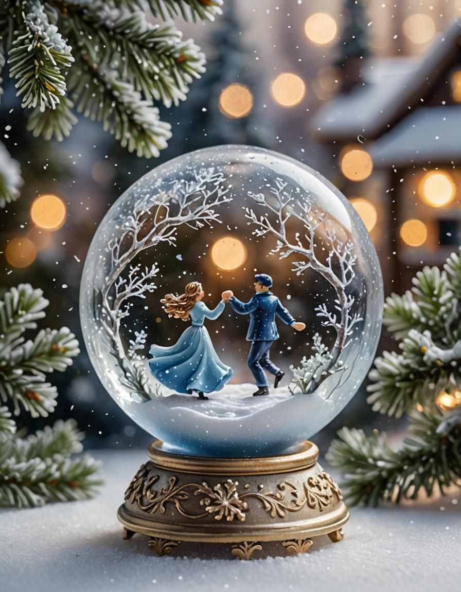 A magnificent glass sphere with an enamel glass couple danci...