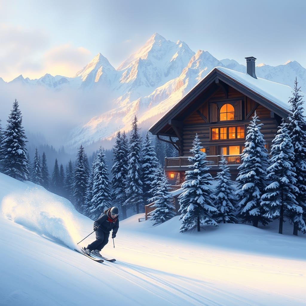 Serene Skier Glides Down Pristine Alpine Slopes in Winter Wo...