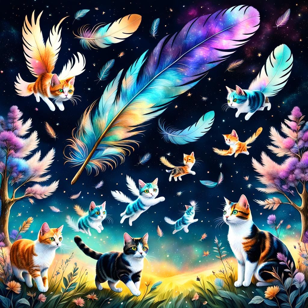 Flying Feathered Cats in a Fantasy Meadow