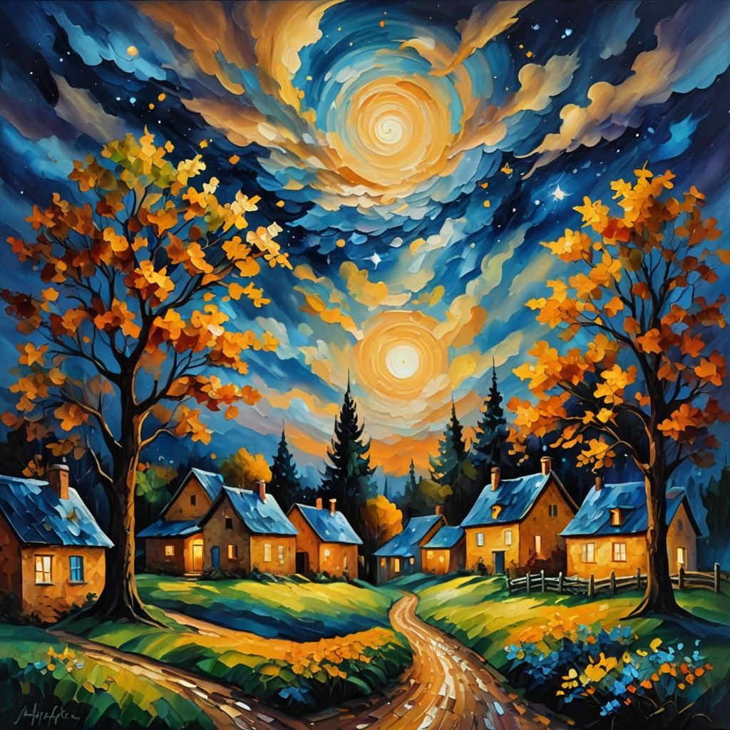 Magical Starry Night Village: Oil Painting with Impasto Text...