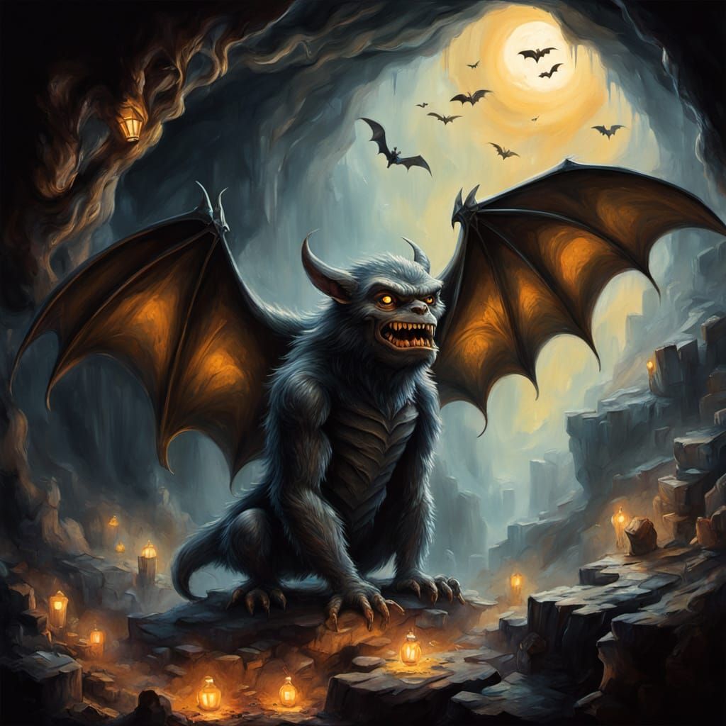 Monster in Bat Cave: Hyperdetailed Charcoal Drawing