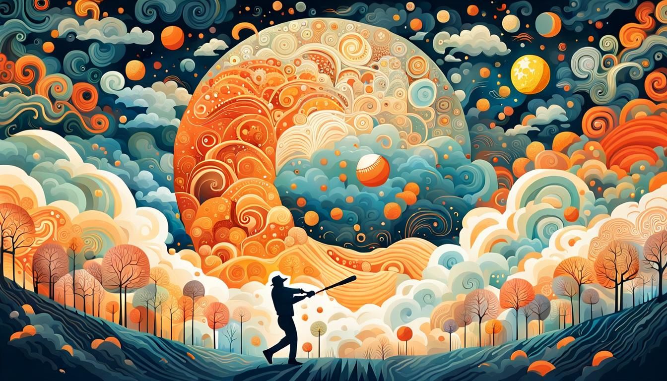 Baseball Players in Surreal Sun and Moon Clouds