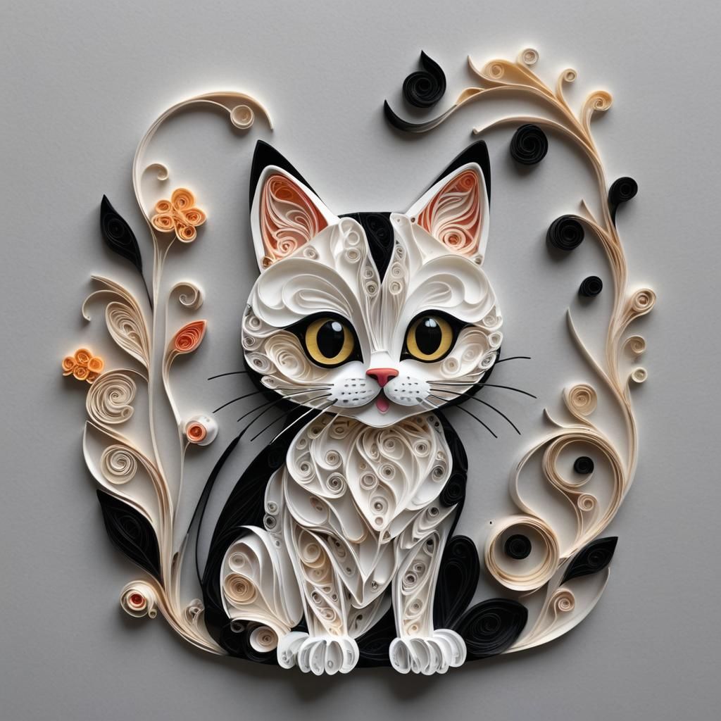 Cute Cat in Paper Quilling Illustration