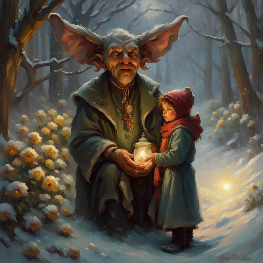 Scary Creature in Winter Landscape, Oil Painting